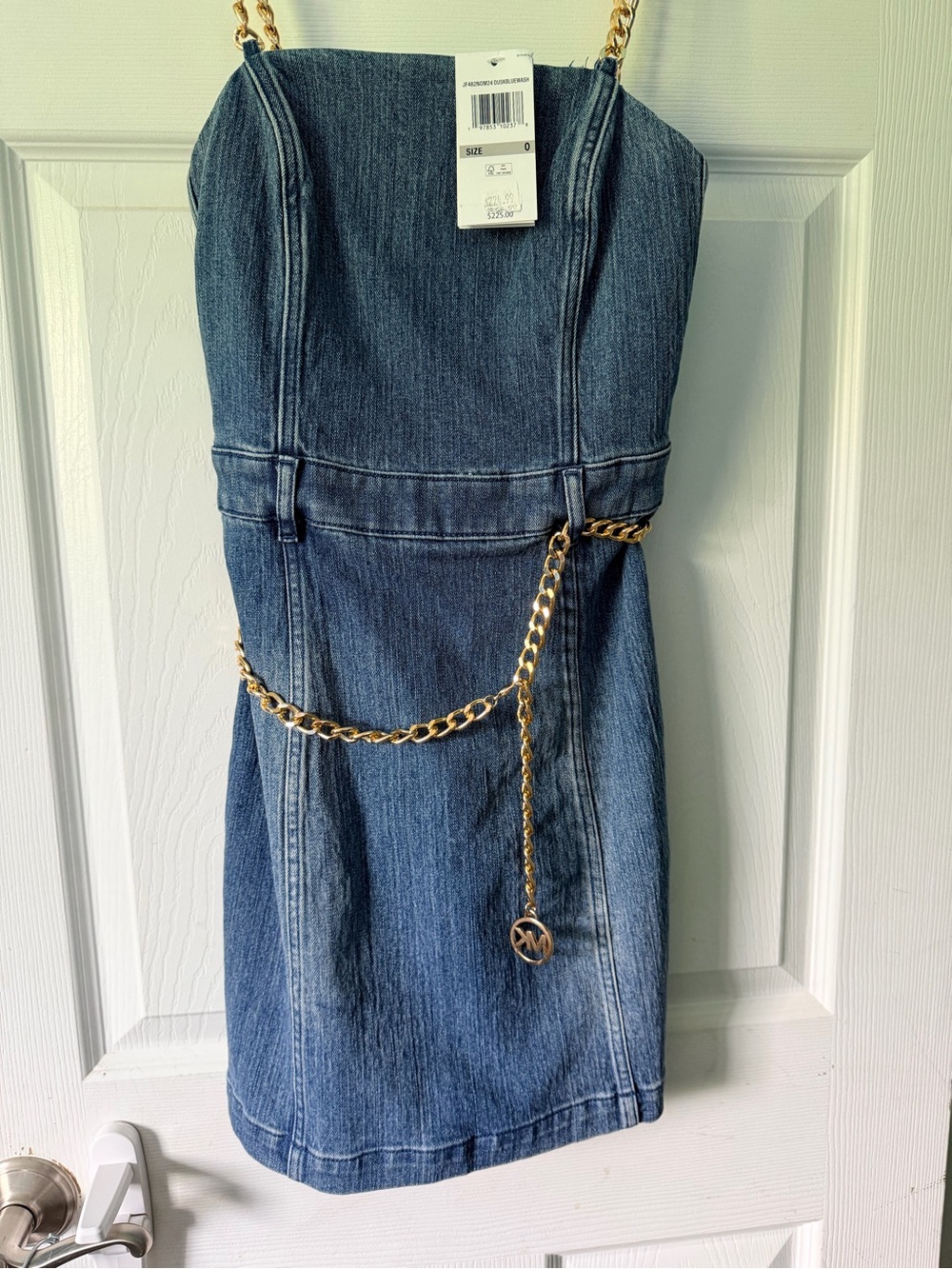 Michael Kors Denim Strapless Dress with Gold Chain Detail